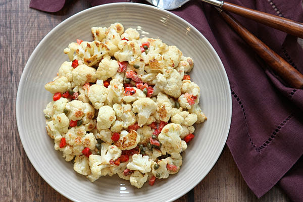 Roasted Cauliflower with Tahini, Jeff's Naturals Capers & Roasted Red Peppers